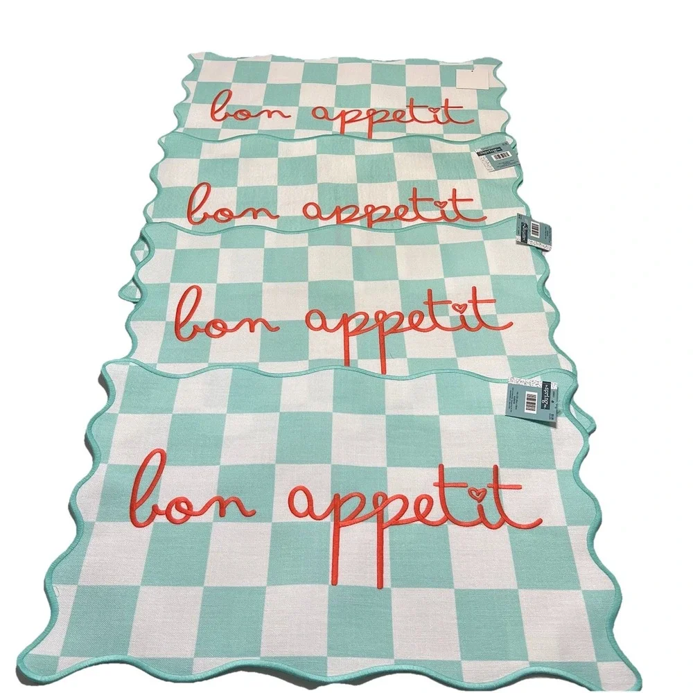 The Spring Shop Bon Appetit Scalloped‎ Placemat Set Teal White Check Embroidered